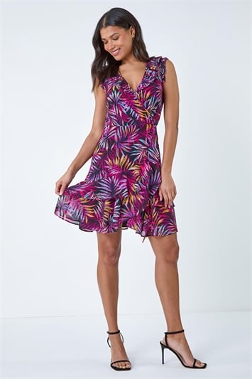 Purple Tropical Leaf Print Frill Wrap Dress