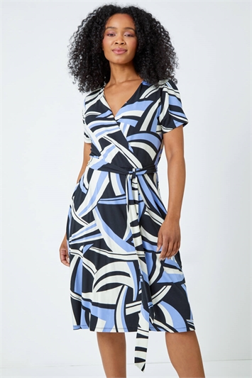 Blue Petite Abstract Print Stretch Wrap Dress