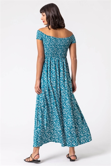Petrol Blue Shirred Ditsy Leaf Print Bardot Dress, Image 2 of 4