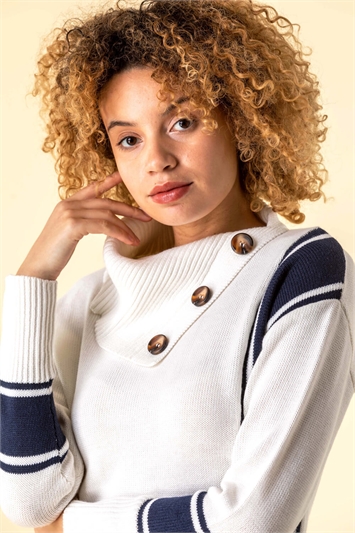 Ivory & Navy Textured Knit Button Detail Stripe Jumper, Image 3 of 3