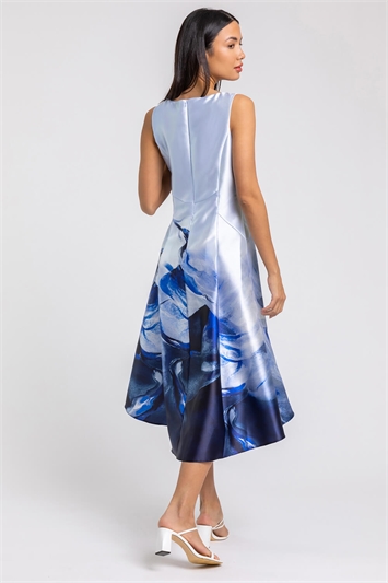 Blue Abstract Print Dipped Hem Midi Dress, Image 2 of 4
