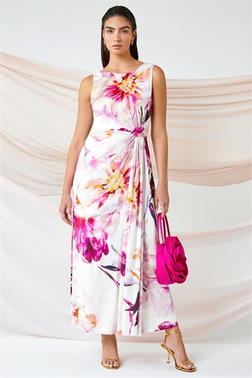 Pink Floral Drape Twist Ruched Maxi Dress
