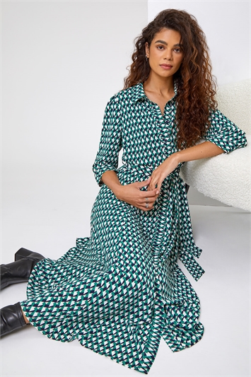Green Geometric Print Tie Waist Midi Shirt Dress, Image 5 of 5