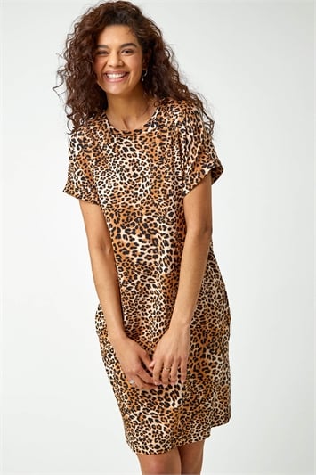 Cream Leopard Print Stretch T-Shirt Dress
