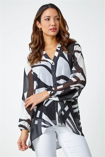 White Abstract Print Longline Button Blouse