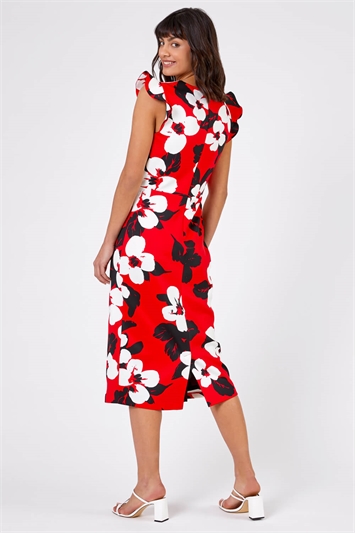 Red Floral Frill Sleeve Midi Dress, Image 2 of 4