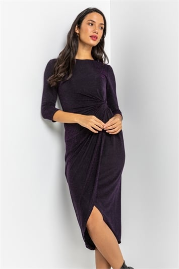 Purple Twist Front Sparkle Fitted Dress