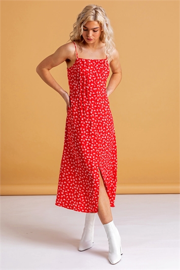 Red Ditsy Floral Print Midi Dress 