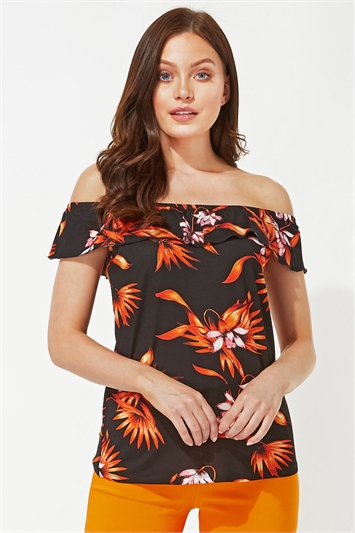 Tropical Print Bardot Top In Black Roman Originals Uk