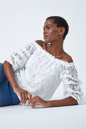 White Paisley Lace Ruched Sleeve Bardot Top