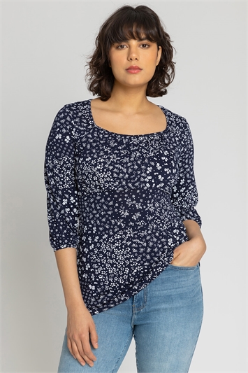 Navy Ditsy Floral Print Gathered Top