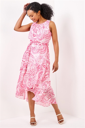 Pink Petite Paisley Print Dipped Frill Hem Dress, Image 3 of 4