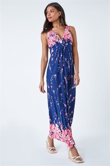Blue Floral Print Stretch Maxi Dress