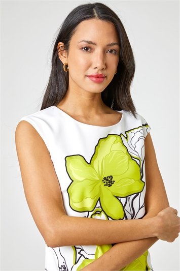 Lime Floral Placement Print Stretch Dress, Image 4 of 4