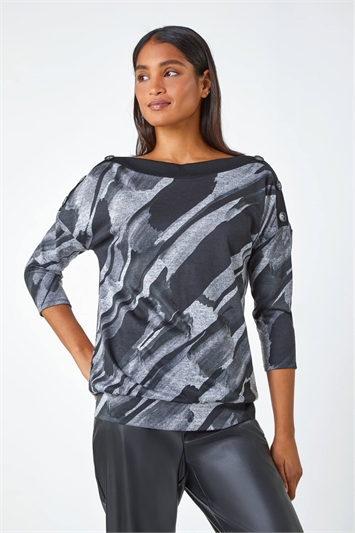 Grey Abstract Print Button Detail Stretch Top