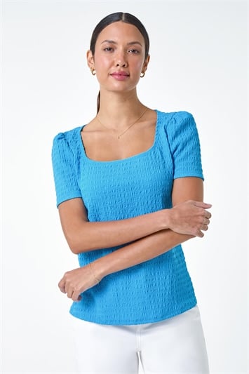 Blue Textured Square Neck Stretch Top