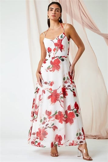 Red Luxe Floral Fit & Flare Maxi Dress