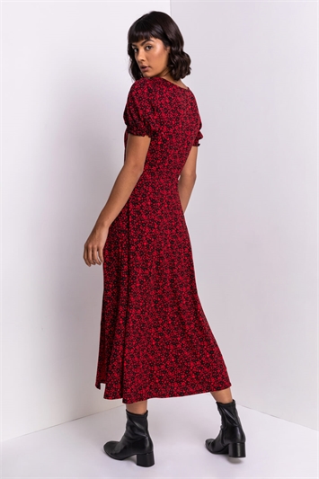 Red Ditsy Floral Jersey Midi Dress, Image 2 of 5