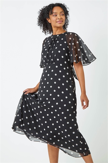 Black Petite Polka Dot Chiffon Midi Dress