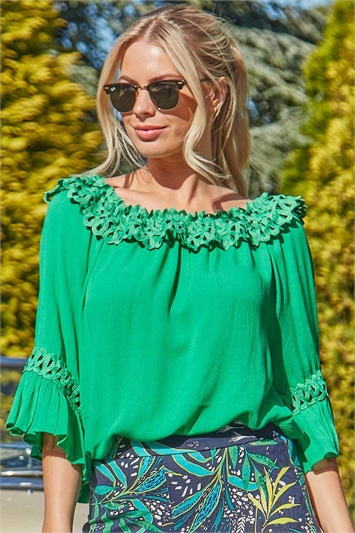 Green Lace Trim Bardot Top , Image 2 of 4