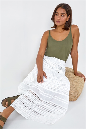 White Lace Detail Cotton A Line Maxi Skirt