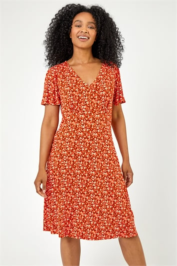 Red Petite Floral Print Stretch Jersey Dress, Image 1 of 5