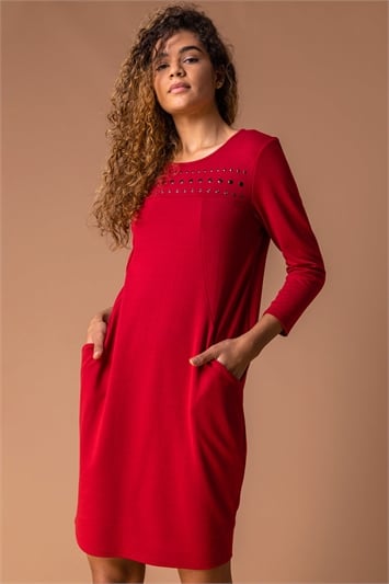 red cotton dress with sleeves