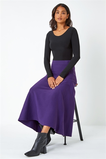 Purple Plain Elastic Waist Knitted A Line Midi Skirt