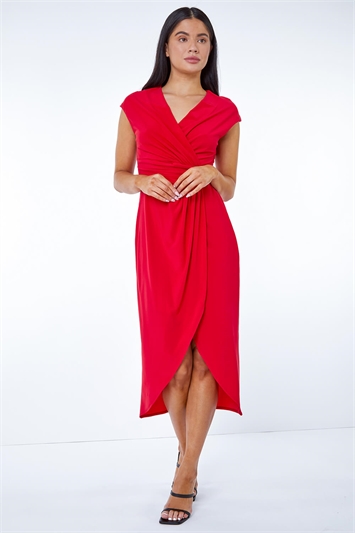 Red Petite Ruched Wrap Midi Dress, Image 2 of 5