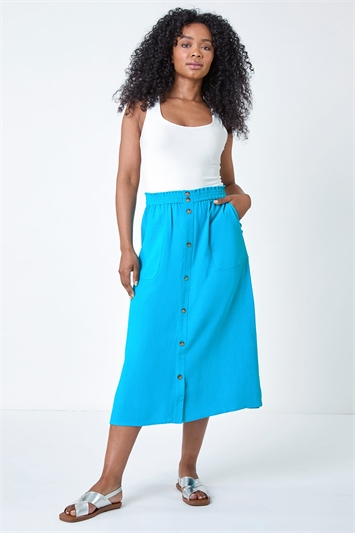 Blue Petite Linen Blend Button Midi Skirt