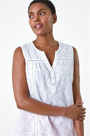 White Cotton Lace Floral Sleeveless Top
