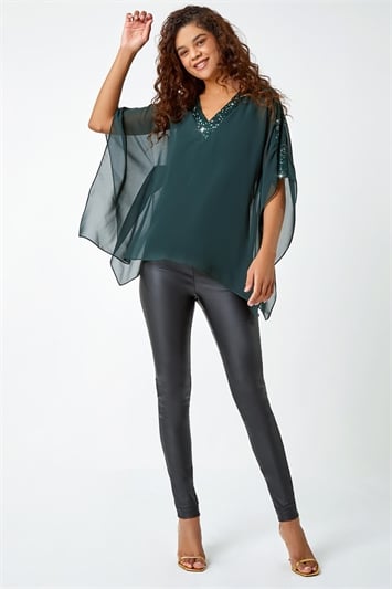 Green Sequin Trim Overlay Stretch Top