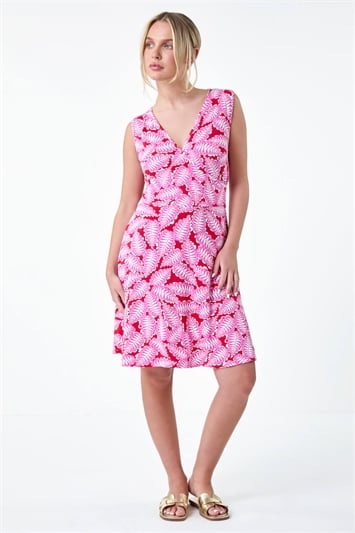 Pink Petite Leaf Print Stretch Wrap Dress