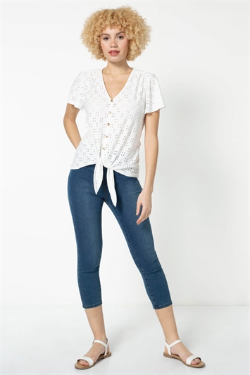 Ivory Broderie Stretch Jersey Tie Front Top, Image 2 of 5