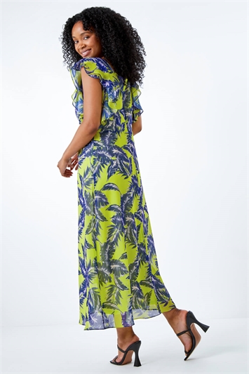 Lime Petite Tropical Print Frill Sleeve Midi Dress, Image 3 of 5