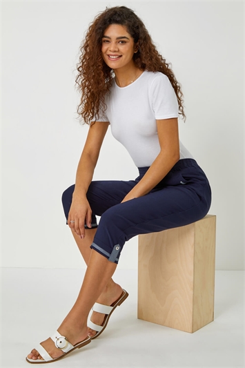 Blue Eyelet Detail Cropped Stretch Trousers