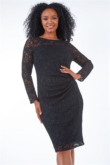 Black Petite Side Ruched Lace Dress