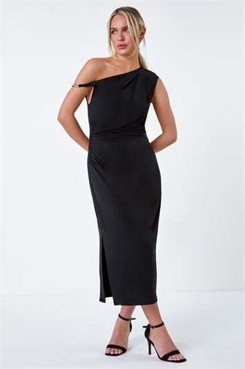 Black Petite Twist Ruched Asymmetric Bodycon Dress
