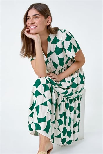 Green Geometric Print Tiered Midi Dress
