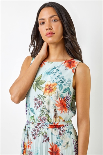 Sage Floral Print Pleated Maxi Dress, Image 4 of 5