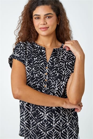 Black Abstract Print Button Detail Top