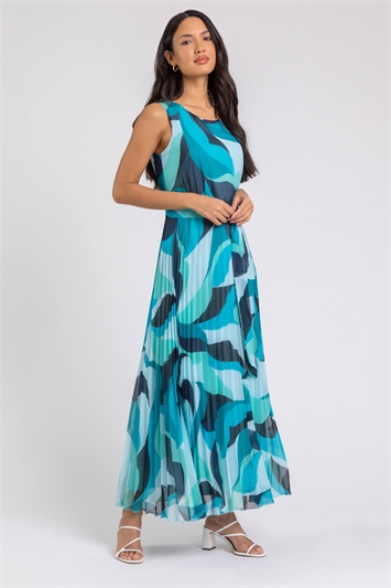 Turquoise Abstract Print Pleated Maxi Dress, Image 3 of 5