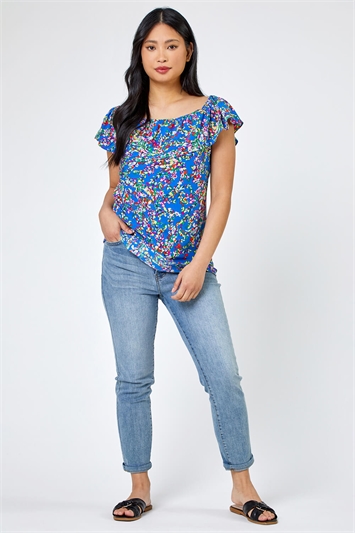 Blue Petite Ditsy Floral Bardot Top, Image 3 of 5