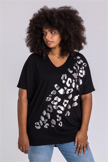 Black Curve Embellished Animal Print T-Shirt