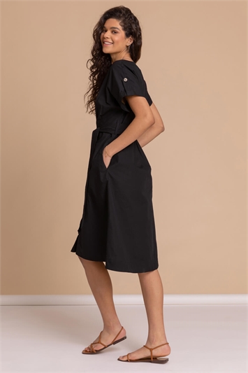 Black Cotton Belted Midi Shirt Dress, Image 2 of 4