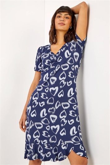 Blue Heart Print Frill Jersey Dress