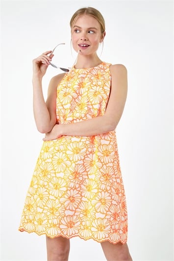 Orange Floral Embroidered Cotton Shift Dress