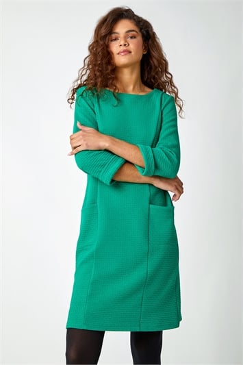Green Textured Pocket Cotton Blend Shift Dress