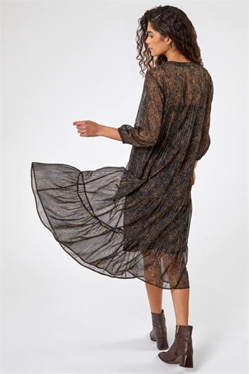 Black Metallic Floral Print Midi Dress, Image 2 of 5