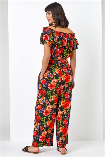 Red Floral Print Frill Neck Jumpsuit, Image 2 of 6